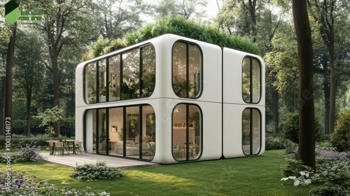 This modern single-story house features a sleek design with large windows and a black roof, complemented by arched doorways and a beautiful garden surrounding it