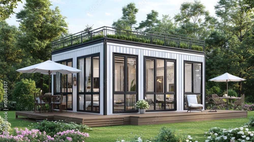 This modern single-story house features a sleek design with large windows and a black roof, complemented by arched doorways and a beautiful garden surrounding it This modern single-story house features a sleek design with large windows and a black roof, complemented by arched doorways and a beautiful garden surrounding it