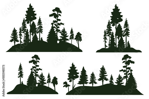 Abstract green silhouette various pines trees collection.Vector illustration