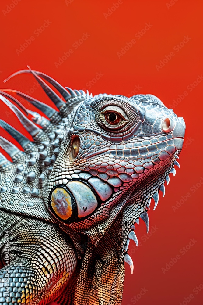 Fototapeta premium vertical closeup profile portrait of iguana lizard on bright red background