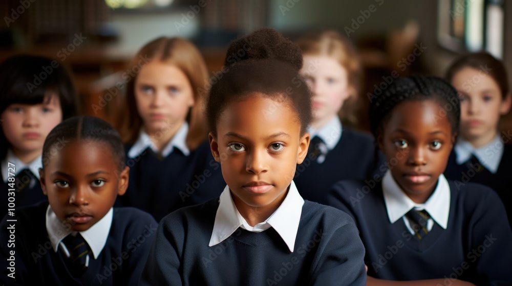 A group of students in uniform stare directly at the camera with serious expressions, set in a classroom environment. A group of students in uniform stare directly at the camera with serious expressions, set in a classroom environment.
