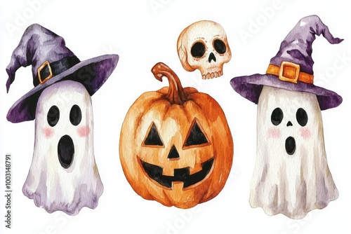 A watercolor illustration of a pumpkin and Halloween characters