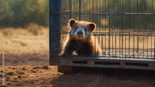 Captivity in animal zoo behind cage bars. The concept of keeping animals in captivity where they suffer.