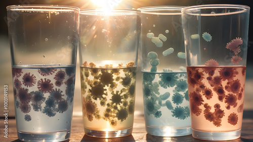 Glass with dirty water  as water pollution concept. hygiene and health concept with germs stickers on it.