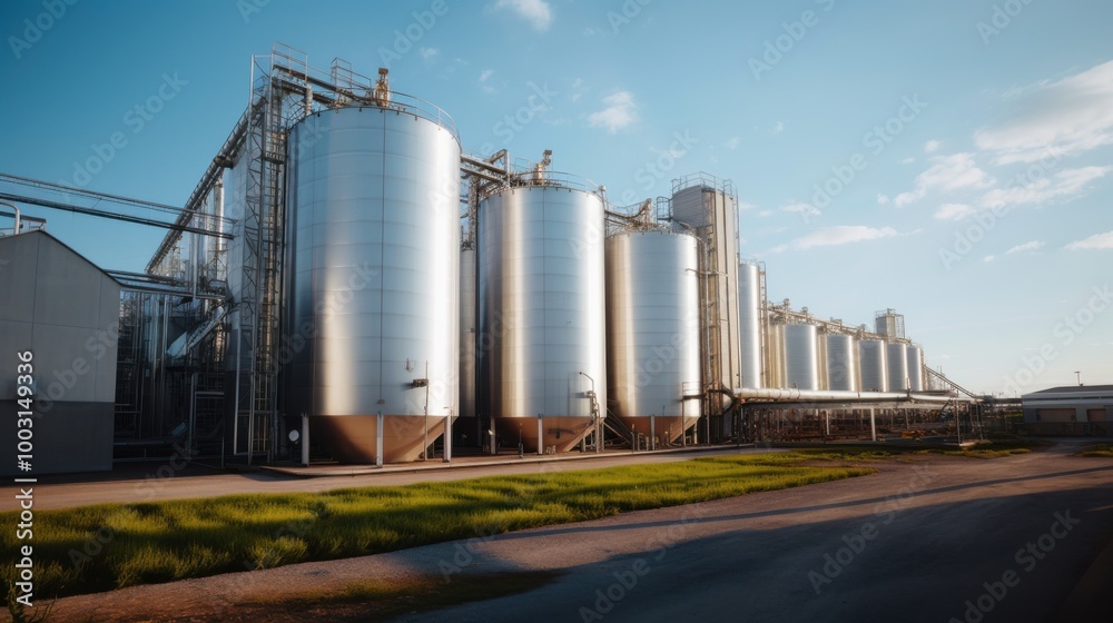 A large industrial complex with gleaming metal silos stands against a backdrop of a clear blue sky, symbolizing modern industry and production. A large industrial complex with gleaming metal silos stands against a backdrop of a clear blue sky, symbolizing modern industry and production.