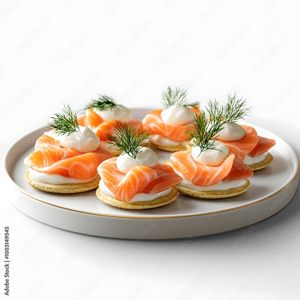 Exquisite canapés with smoked salmon, cream cheese, and dill on elegant plate Exquisite canapés with smoked salmon, cream cheese, and dill on elegant plate