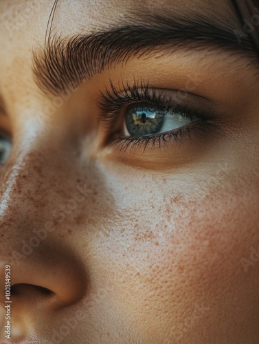 Serene Eyes: Close-up Portrait with Freckles and Soft Focus Background