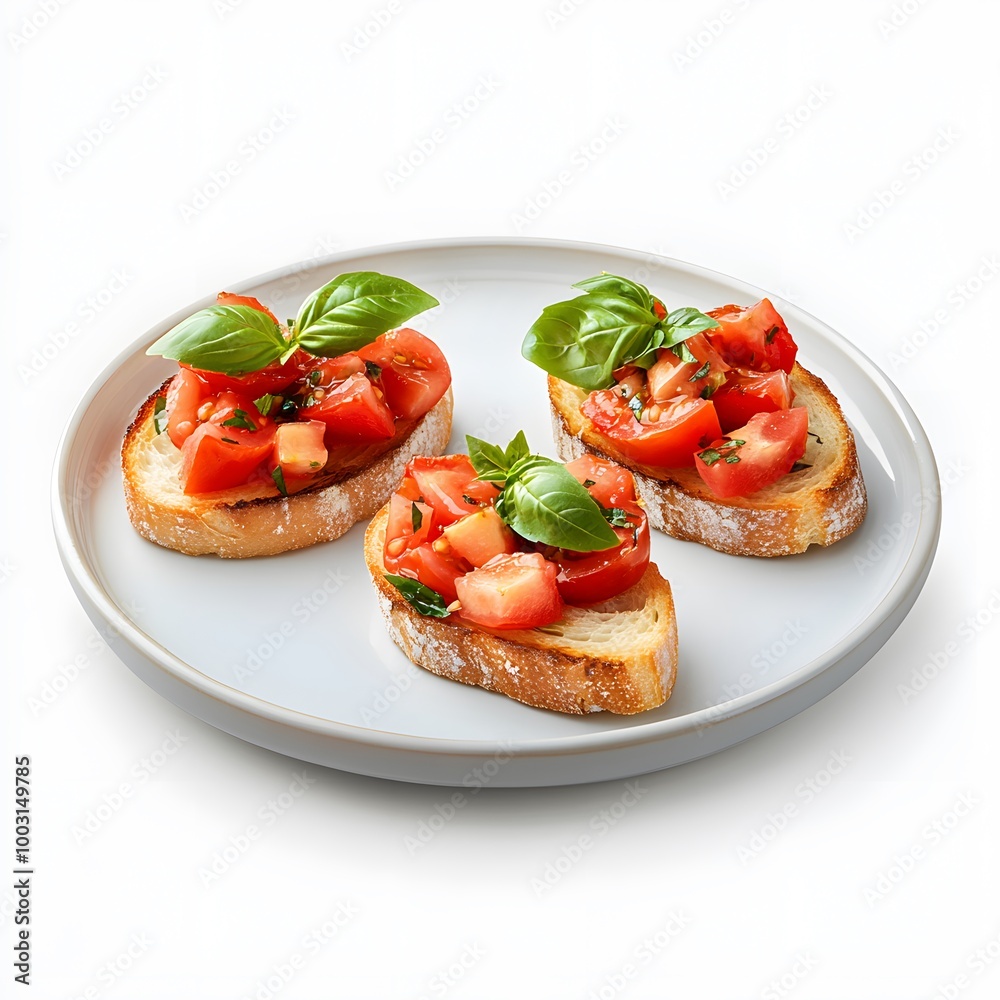 Fresh homemade bruschetta with tomatoes and basil on white plate Fresh homemade bruschetta with tomatoes and basil on white plate