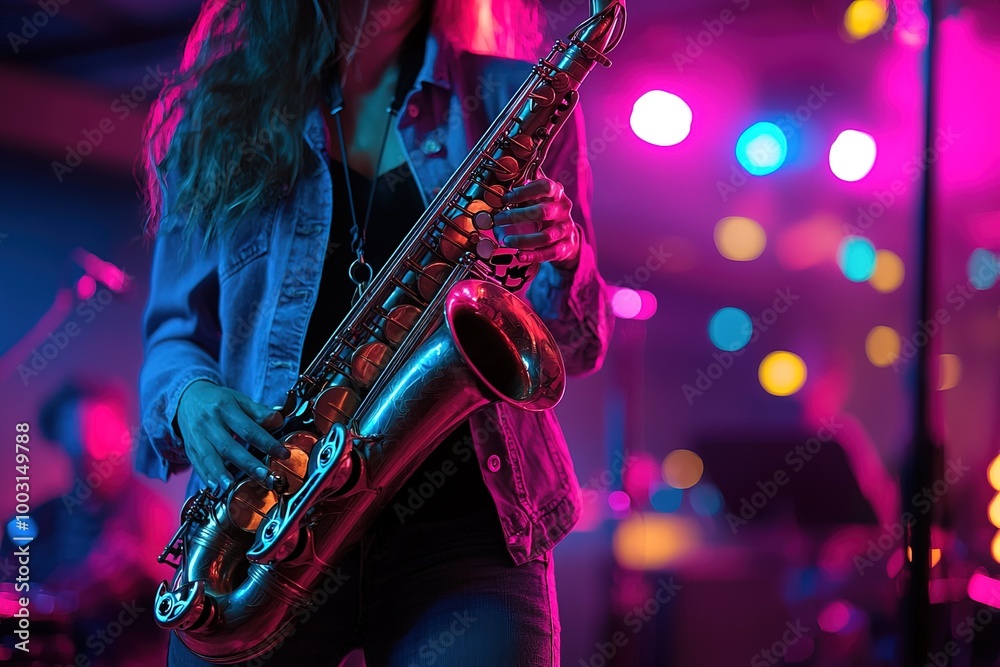 Obraz premium woman playing saxophone in bright neon concert lighting