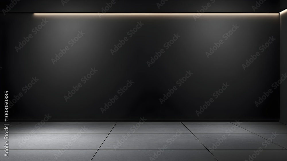 a minimalistic, empty room with dark walls and a light gray floor. The room is illuminated by a single, long, horizontal light fixture on the ceiling near the top of the image, casting a soft glow on a minimalistic, empty room with dark walls and a light gray floor. The room is illuminated by a single, long, horizontal light fixture on the ceiling near the top of the image, casting a soft glow on