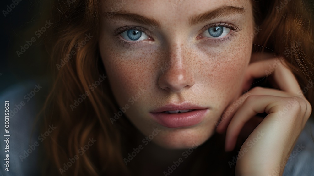 A close-up portrait of a young woman with striking blue eyes, rosy cheeks, and freckles, her hand gently resting on her cheek as she gazes intently at the camera. A close-up portrait of a young woman with striking blue eyes, rosy cheeks, and freckles, her hand gently resting on her cheek as she gazes intently at the camera.