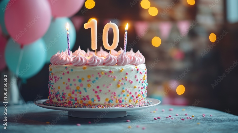 number 10 candle on tenth year birthday cake celebration with balloons and party decoration as banner number 10 candle on tenth year birthday cake celebration with balloons and party decoration as banner