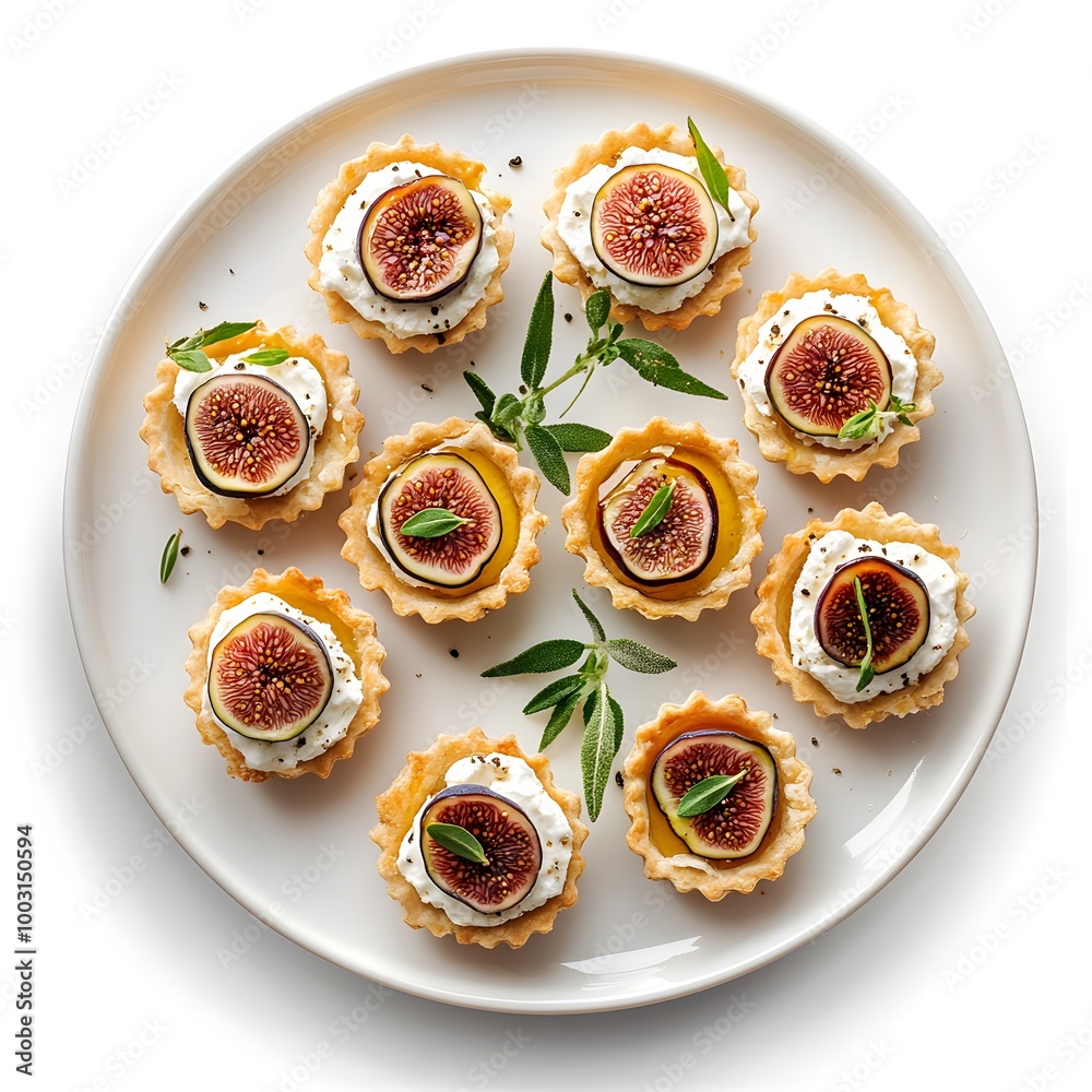 Delicious fig and cream tartlets with fresh herb garnish on elegant plate Delicious fig and cream tartlets with fresh herb garnish on elegant plate