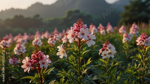 realistic illustration of a higanbana flower in morning view photo