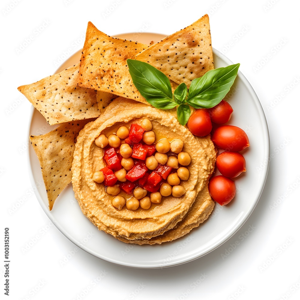 Appetizing hummus plate with chickpeas, red peppers, and crispy crackers garnished with fresh basil and cherry tomatoes Appetizing hummus plate with chickpeas, red peppers, and crispy crackers garnished with fresh basil and cherry tomatoes
