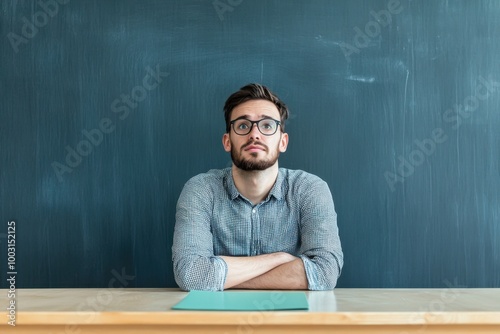 A young man with glasses thoughtfully sitting at a table in front of a chalkboard in a classroom setting