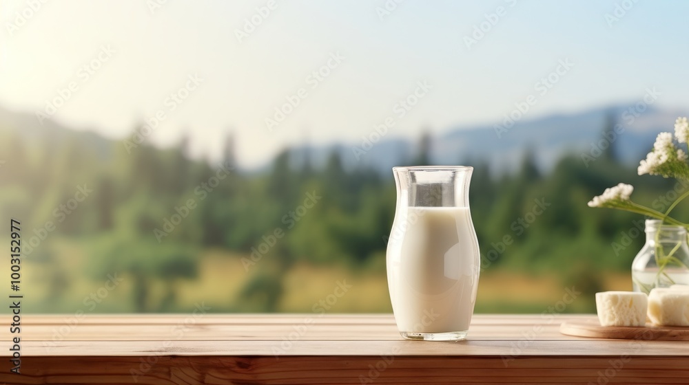 Rustic wood tabletop in farm setting with cows, ideal for eco friendly dairy product display Rustic wood tabletop in farm setting with cows, ideal for eco friendly dairy product display