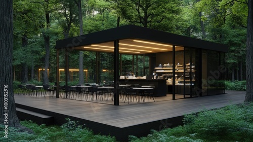 Enjoy a cozy experience at this shipping container cafe located in the forest, featuring wood flooring, a coffee bar, and an inviting outdoor seating area with umbrellas