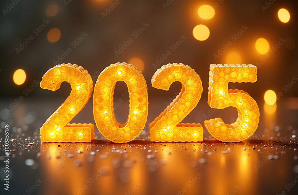 2025 made from honeycombs with honey on a background of festive bokeh 2025 made from honeycombs with honey on a background of festive bokeh