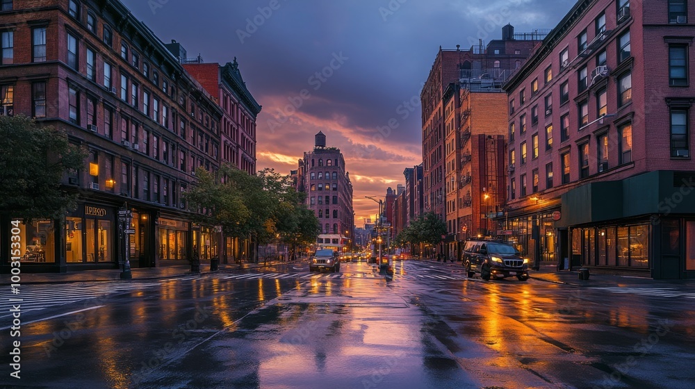 Fototapeta premium Street sense of West Broadway and Reade Street at dusk in Tribeca Lower Manhattan New York City