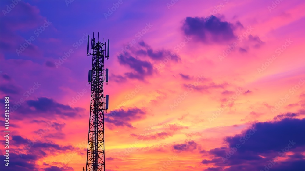 Silhouette of an abstract telecommunication tower Antenna and satellite dish at sunset sky background Silhouette of an abstract telecommunication tower Antenna and satellite dish at sunset sky background