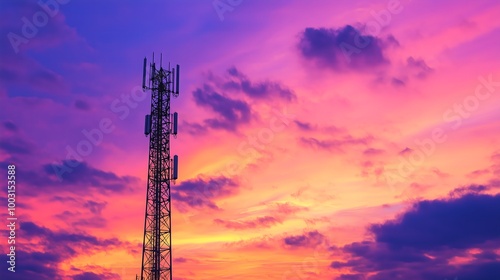 Silhouette of an abstract telecommunication tower Antenna and satellite dish at sunset sky background