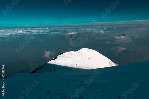 Panorama of alps. Extreme sports in mountains. High resolution photo. Ski, parasailing, paraglide, climbing, alpinism, snowboard in Chamonix Mont Blanc.