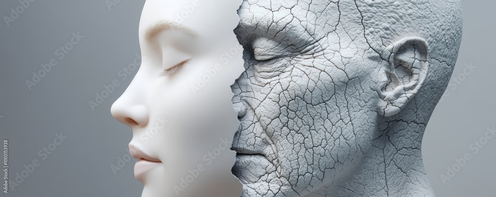 A 3D model showing a youthful face with defined cheekbones and a symmetrical jawline next to an older face with looser skin and uneven facial features. A 3D model showing a youthful face with defined cheekbones and a symmetrical jawline next to an older face with looser skin and uneven facial features.