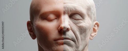 A 3D model showing a youthful face with defined cheekbones and a symmetrical jawline next to an older face with looser skin and uneven facial features. photo