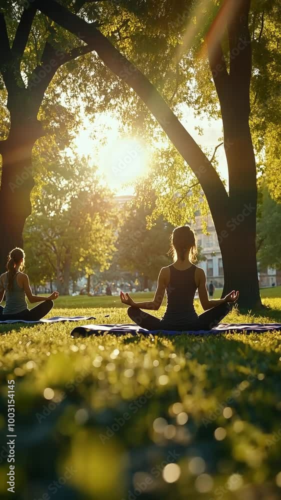Two women practicing yoga in a park at sunset, transitioning slowly between poses amidst a serene natural setting