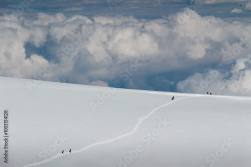 Panorama of alps. Extreme sports in mountains. High resolution photo. Ski, parasailing, paraglide, climbing, alpinism, snowboard in Chamonix Mont Blanc.
