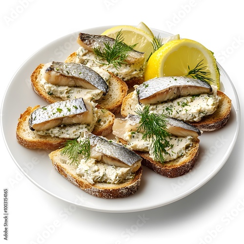 Delicious smoked mackerel on creamy dill crostini with lemon garnish