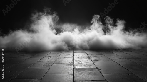 concrete floor with fog and smoke. black background