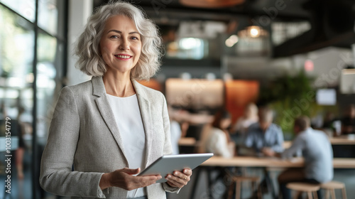 Confident senior businesswoman with grey hair holds tablet in modern office environment, symbolizing leadership, experience, and embracing technology in professional setting