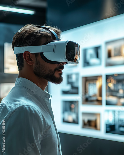 Man wearing virtual reality headset exploring modern, digital gallery with images displayed on futuristic screen, symbolizing the intersection of technology art