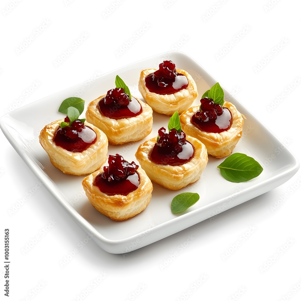 Elegant pastry bites with rich fruit topping on white plate Elegant pastry bites with rich fruit topping on white plate