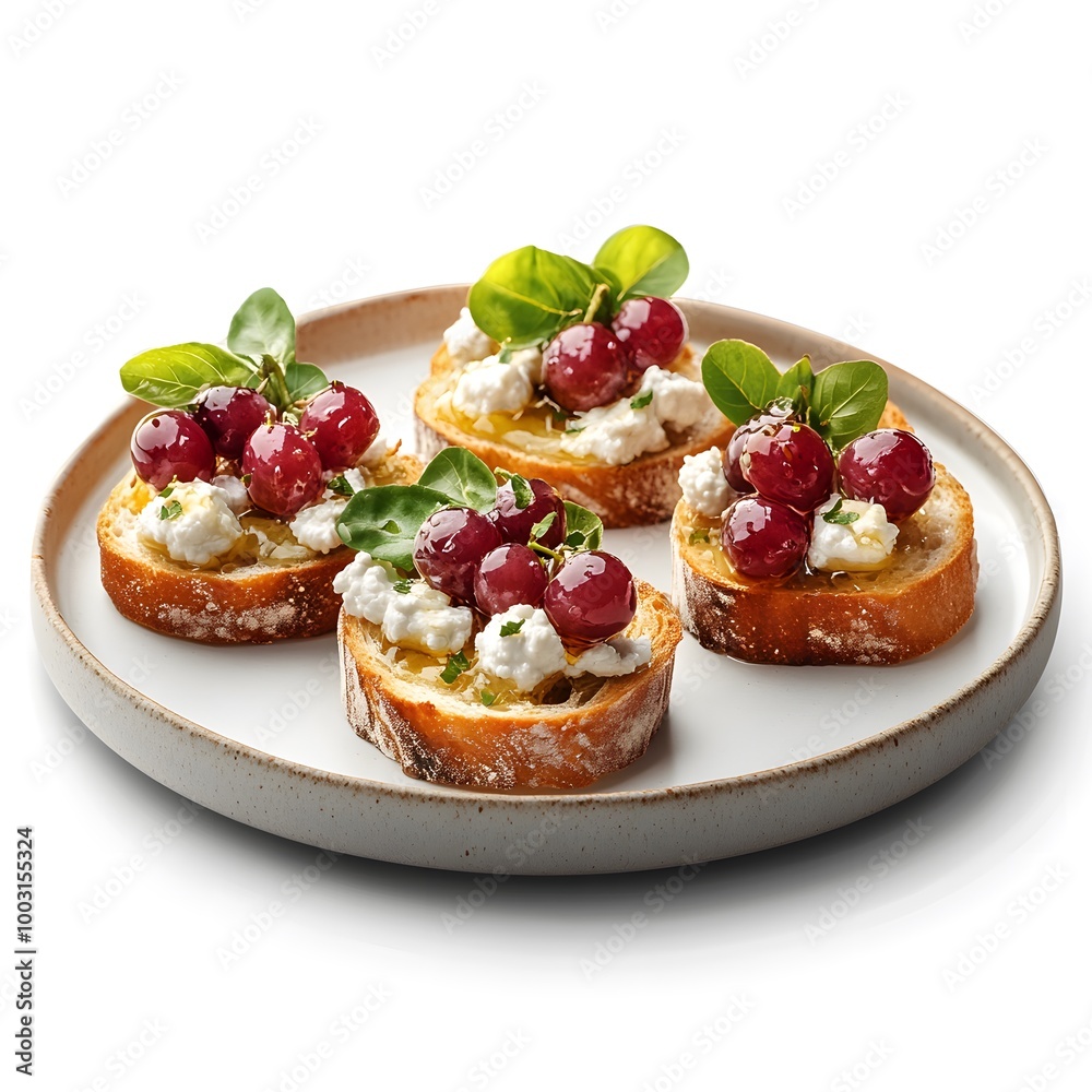 Gourmet crostini appetizers with cheese, grapes, and fresh basil leaves