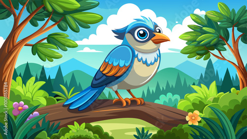 blue bird vector on a branch, tropical forest background, cartoon illustration