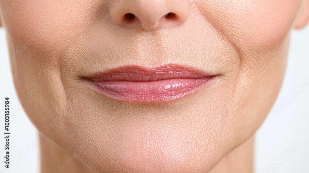 Obraz premium A close-up of the mouth area, showing how the lips and jawline lose symmetry due to muscle weakening and sagging skin in older age.