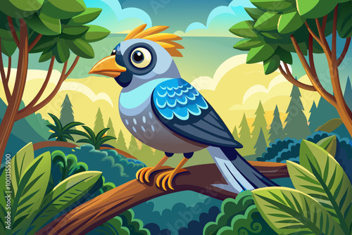 blue bird vector on a branch, tropical forest background, cartoon illustration