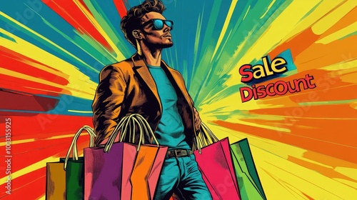 Trendy Shopper with Sunglasses Holding Colorful Shopping Bags During Sale Discount photo