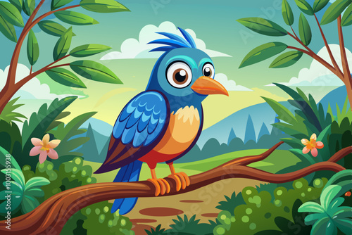 blue bird vector on a branch, tropical forest background, cartoon illustration