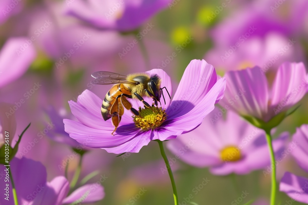 A beautiful scene capturing a bee delicately collecting nectar from vibrant flowers, symbolizing nature's harmony and the sweetness of life through honey. A beautiful scene capturing a bee delicately collecting nectar from vibrant flowers, symbolizing nature's harmony and the sweetness of life through honey.