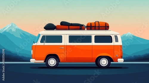 Camper van loaded with gear, road trip adventure, flat design illustration