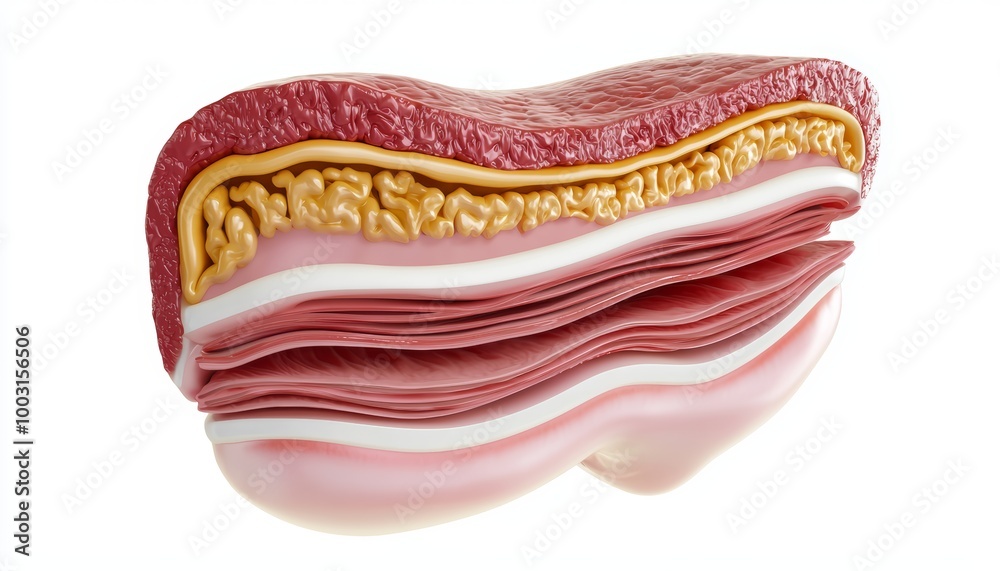 A cross-section 3D view of the stomach, showing the layers of the stomach wall including the mucosa, submucosa, and muscularis, floating on white. A cross-section 3D view of the stomach, showing the layers of the stomach wall including the mucosa, submucosa, and muscularis, floating on white.