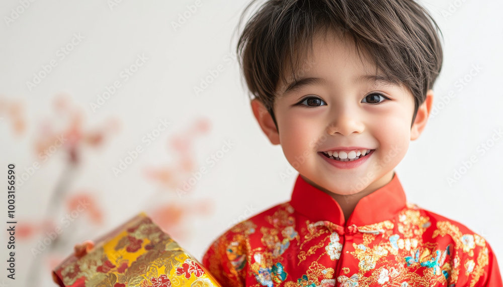 A happy child wearing traditional red outfit holds an Angpao gift, radiating joy and excitement. festive atmosphere is enhanced by beautiful floral background A happy child wearing traditional red outfit holds an Angpao gift, radiating joy and excitement. festive atmosphere is enhanced by beautiful floral background