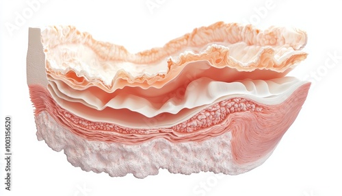 A cross-section 3D view of the stomach, showing the layers of the stomach wall including the mucosa, submucosa, and muscularis, floating on white. photo