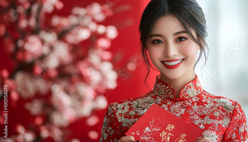 A smiling woman holding an Angpao envelope, dressed in traditional red outfit, stands against vibrant red background adorned with cherry blossoms. Her joyful expression captures festive spirit