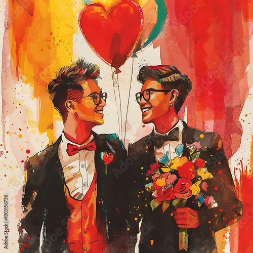 Painting of a Happy Gay Couple at Homecoming or Prom High School Dance