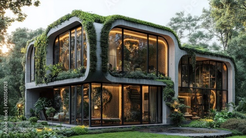 Modern Sustainable Eco-Friendly House with Green Roof and Large Glass Windows in Forest Setting